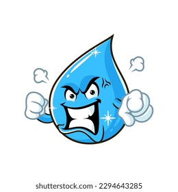 vector cartoon, character, and mascot of a water drop with angry expression face.