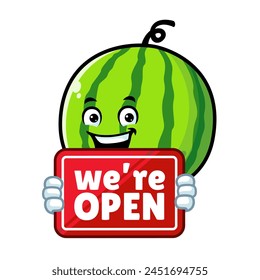 vector cartoon, character, and mascot of a watermelon holding open signboard.