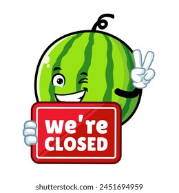 vector cartoon, character, and mascot of a watermelon holding closed signboard.