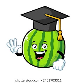 vector cartoon, character, and mascot of a watermelon wearing graduation hat.