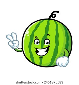 vector cartoon, character, and mascot of a watermelon with two finger.