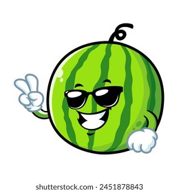 vector cartoon, character, and mascot of a watermelon wearing black eyeglasses.