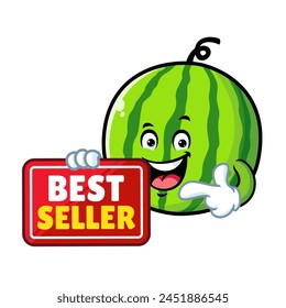 Caricatura de Vector, personaje y mascota de una sandía con el cartel de best seller.