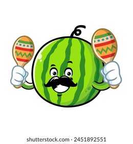 vector cartoon, character, and mascot of a watermelon holding maracas.