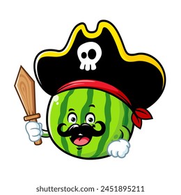 Caricatura de Vector, personaje y mascota de una sandía con traje de piratas.