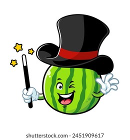 vector cartoon, character, and mascot of a watermelon wearing magician costume.