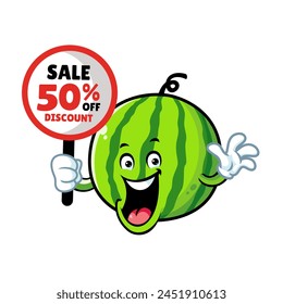 vector cartoon, character, and mascot of a watermelon holding discount signboard.