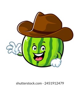 vector cartoon, character, and mascot of a watermelon wearing cowboy hat.