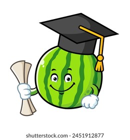 vector cartoon, character, and mascot of a watermelon wearing graduation hat.