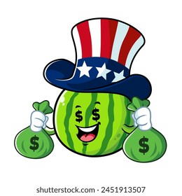 vector cartoon, character, and mascot of a watermelon uncle sam holding money bag.