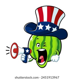 vector cartoon, character, and mascot of a watermelon uncle sam holding megaphone.