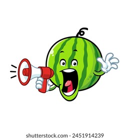 vector cartoon, character, and mascot of a watermelon holding megaphone.