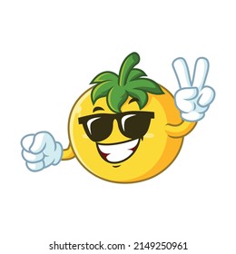 vector cartoon character, mascot of yellow tomato wearing sunglasses