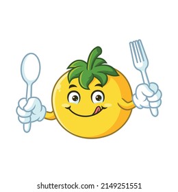 vector cartoon character, mascot of yellow tomato holding spoon and fork