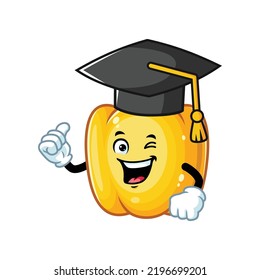 vector cartoon, character, and mascot of a yellow paprika wearing graduation hat.