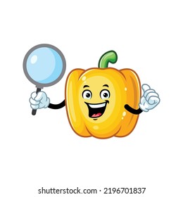 vector cartoon, character, and mascot of a yellow paprika holding loupe.