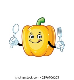 vector cartoon, character, and mascot of a yellow paprika holding spoon and fork.