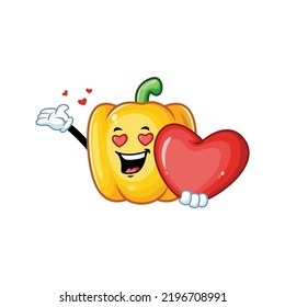 vector cartoon, character, and mascot of a yellow paprika holding heart in love.