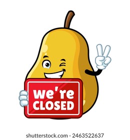 vector cartoon, character, and mascot of a yellow pear holding closed signboard.