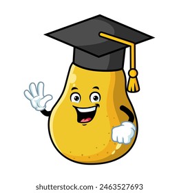 vector cartoon, character, and mascot of a yellow pear wearing graduation hat.