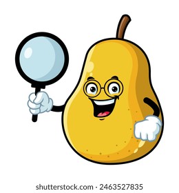 vector cartoon, character, and mascot of a yellow pear holding loupe.