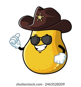 vector cartoon, character, and mascot of a yellow pear wearing sheriff hat.