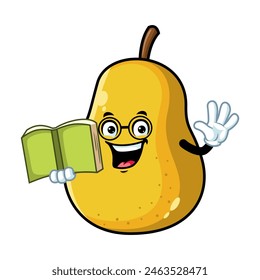 vector cartoon, character, and mascot of a yellow pear holding book.