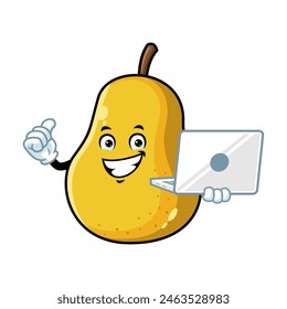 vector cartoon, character, and mascot of a yellow pear holding laptop.