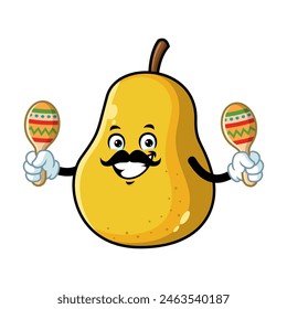 vector cartoon, character, and mascot of a yellow pear holding maracas.