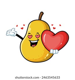 Vector de dibujos animados, personaje y mascota de una pera amarilla que sostiene el corazón en el amor.