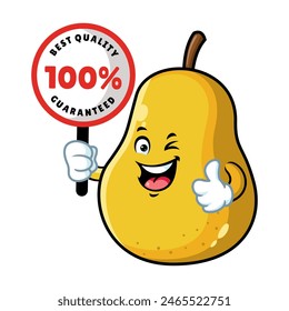 vector cartoon, character, and mascot of a yellow pear holding guaranteed signboard.