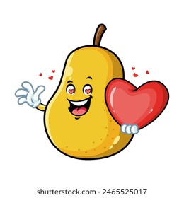 vector cartoon, character, and mascot of a yellow pear holding heart in love.