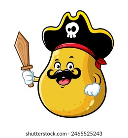 vector cartoon, character, and mascot of a yellow pear wearing pirates costume.