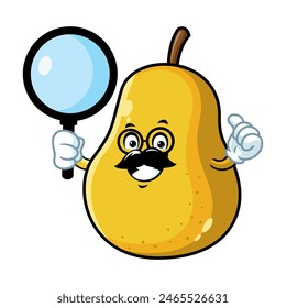 vector cartoon, character, and mascot of a yellow pear holding loupe.