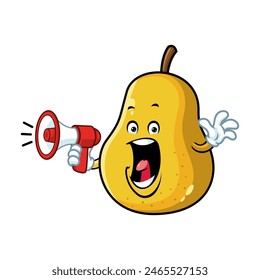 vector cartoon, character, and mascot of a yellow pear holding megaphone.