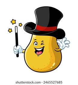 Caricatura de Vector, personaje y mascota de una pera amarilla con traje de mago.
