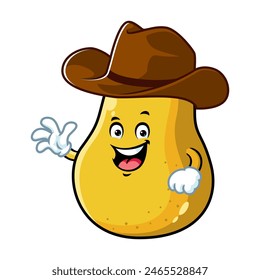 Caricatura de Vector, personaje y mascota de una pera amarilla con sombrero de vaquero.