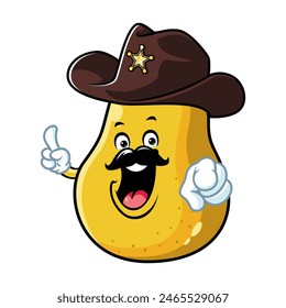 vector cartoon, character, and mascot of a yellow pear wearing sheriff hat.