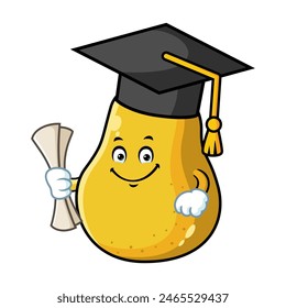 vector cartoon, character, and mascot of a yellow pear wearing graduation hat.