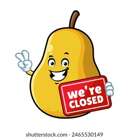 vector cartoon, character, and mascot of a yellow pear holding closed signboard.