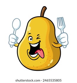 vector cartoon, character, and mascot of a yellow pear holding spoon and fork.