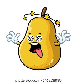 vector cartoon, character, and mascot of a yellow pear with dizzy expression face.