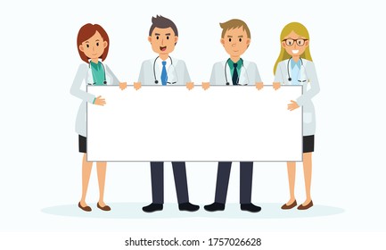 Vector cartoon character of Medical team holding blank sign. empty banner. Billboard. A team of doctor with big Billboard.