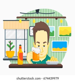 Vector cartoon character with mug of beer in apartment