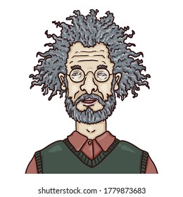 Vector Cartoon Character - Old Man with Curly Hair and Eyeglasses. Male Retired Person Portrait.
