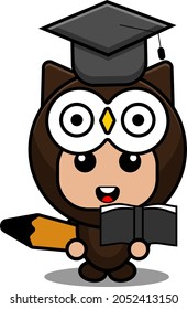 vector cartoon character character owl animal mascot costume wearing graduation hat holding pencil and book