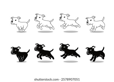 Vector cartoon character pit bull terrier dog running step black and white colors for design.