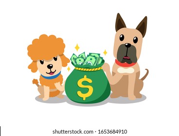 Vektorillustration Cartoon Charakter Poodle und große dane Hund mit Geldbeutel für Design.