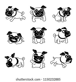 Vector cartoon character pug dog poses set for design.