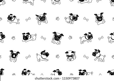 Vector cartoon character pug dog seamless pattern for design.